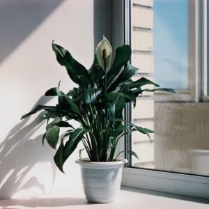 A thriving peace lily in a pot basking in sunlight by a window.